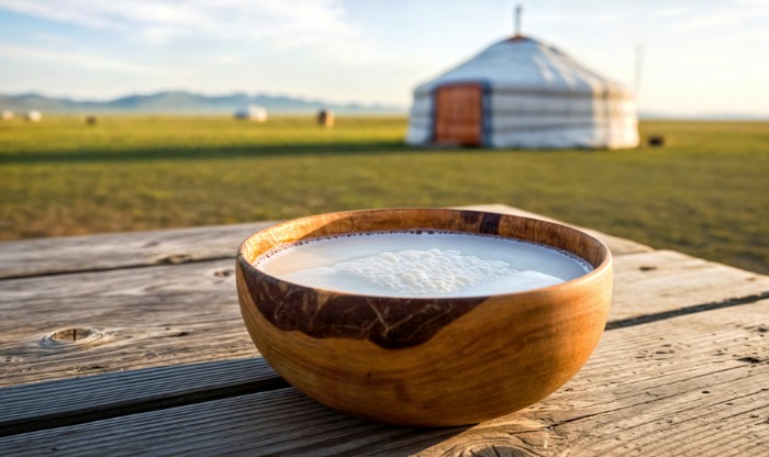 Bol en bois rempli de lait fermenté mongol (airag) posé sur une table en bois, avec une yourte traditionnelle en toile blanche à l’arrière-plan dans une steppe ensoleillée