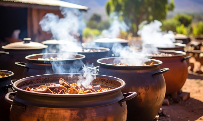 Plusieurs marmites en fonte fumantes, alignées à l’extérieur, contenant un ragout sud-africain copieux de viande et légumes (potjiekos), cuites au feu de bois
